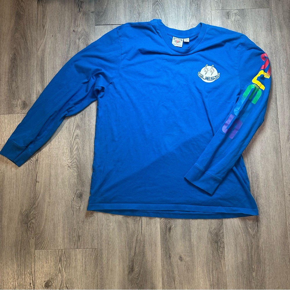Guess Shirt Mens Extra Large Blue Long Sleeve x J Balvin Rainbow‎ Sleeve Graphic